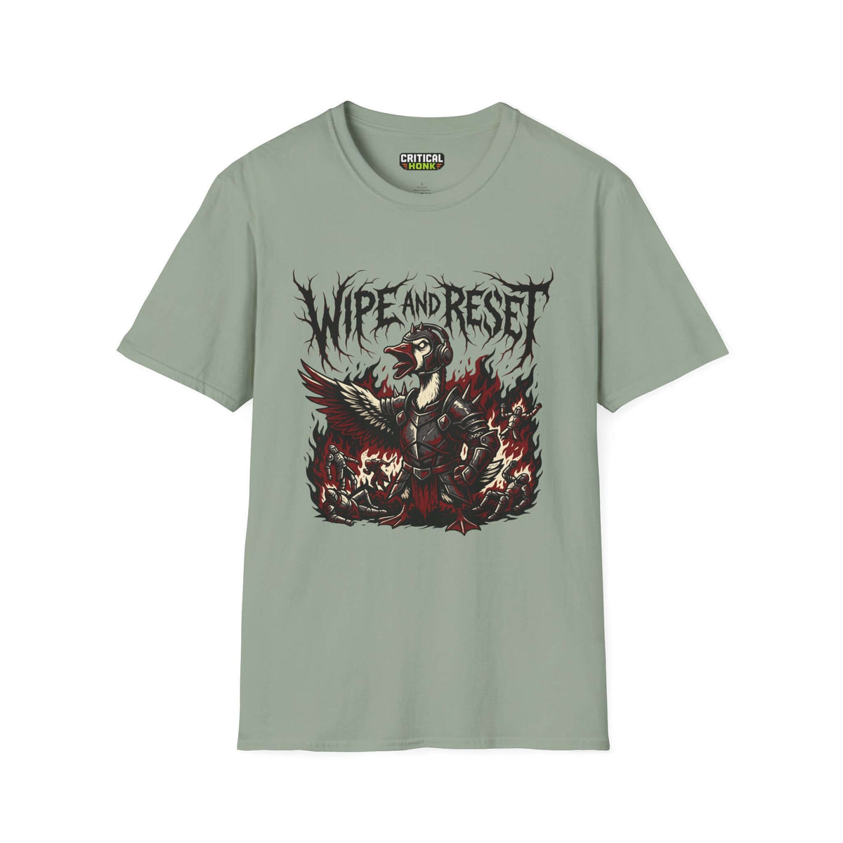 Wipe and reset T-Shirt featuring a colorful design on a sage green unisex cotton tee from the Critical Honk Collection.