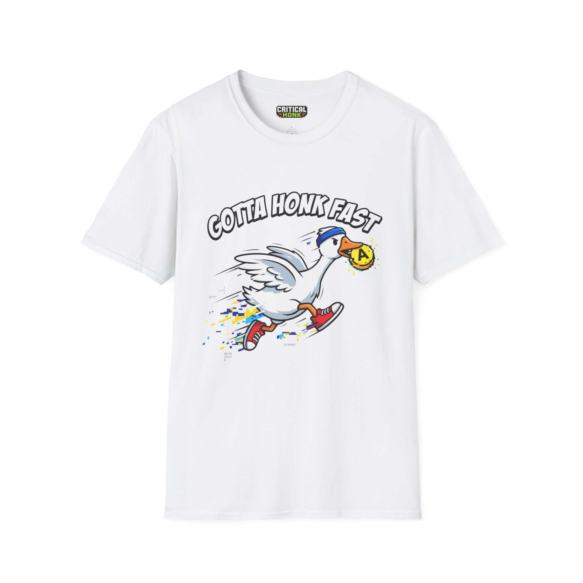 Gotta-honk-fast T-Shirt featuring a cartoon goose running with a ball, white Gildan Softstyle fabric, unisex fit.