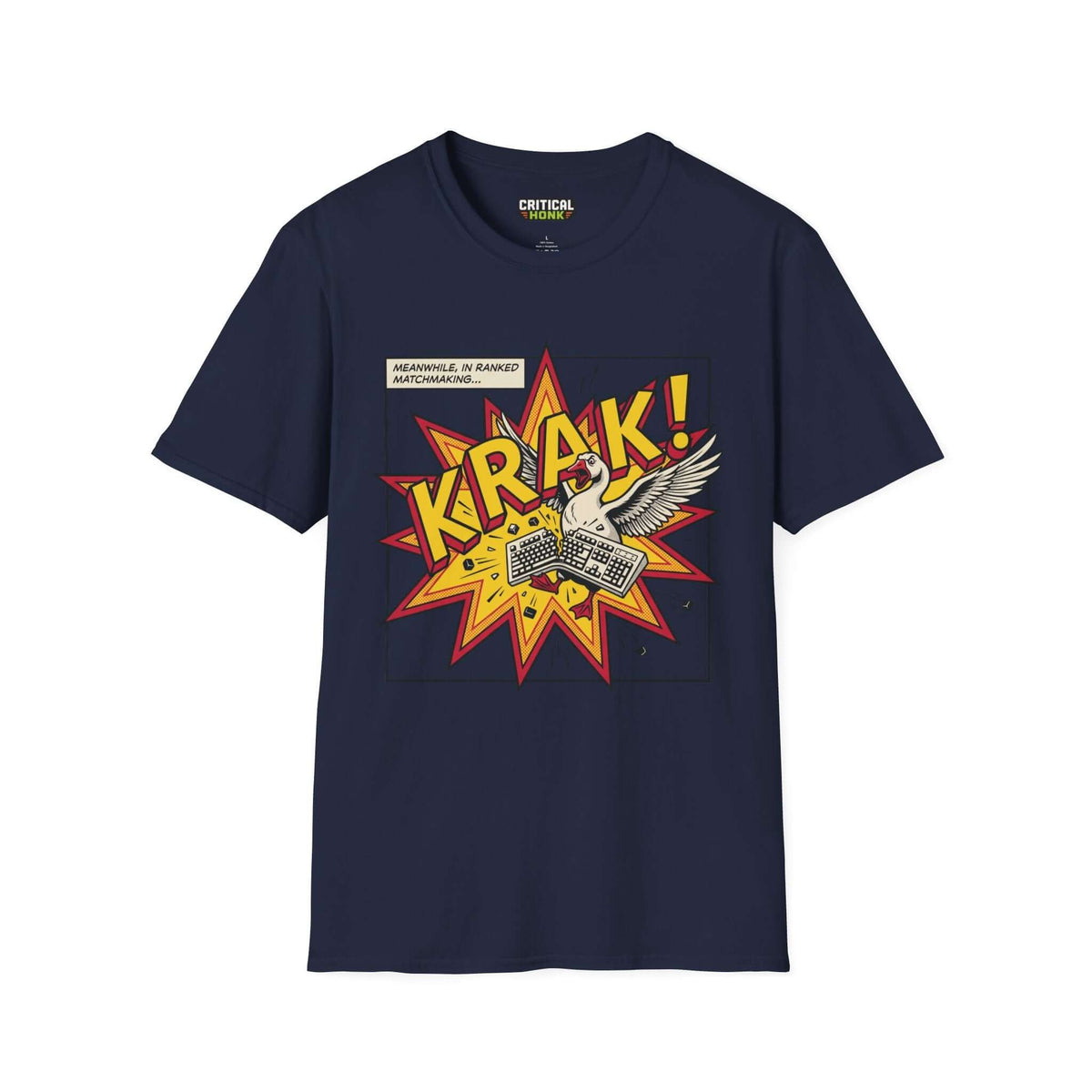 Krak T-Shirt in navy with comic-style graphic featuring a swan and keyboards, part of the Critical Honk collection.