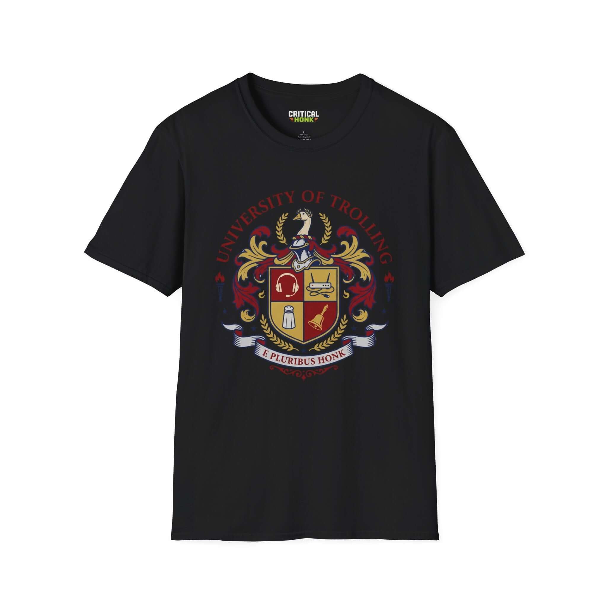 University of trolling T-Shirt in black featuring a crest design, Gildan Softstyle 100% cotton, unisex fit.