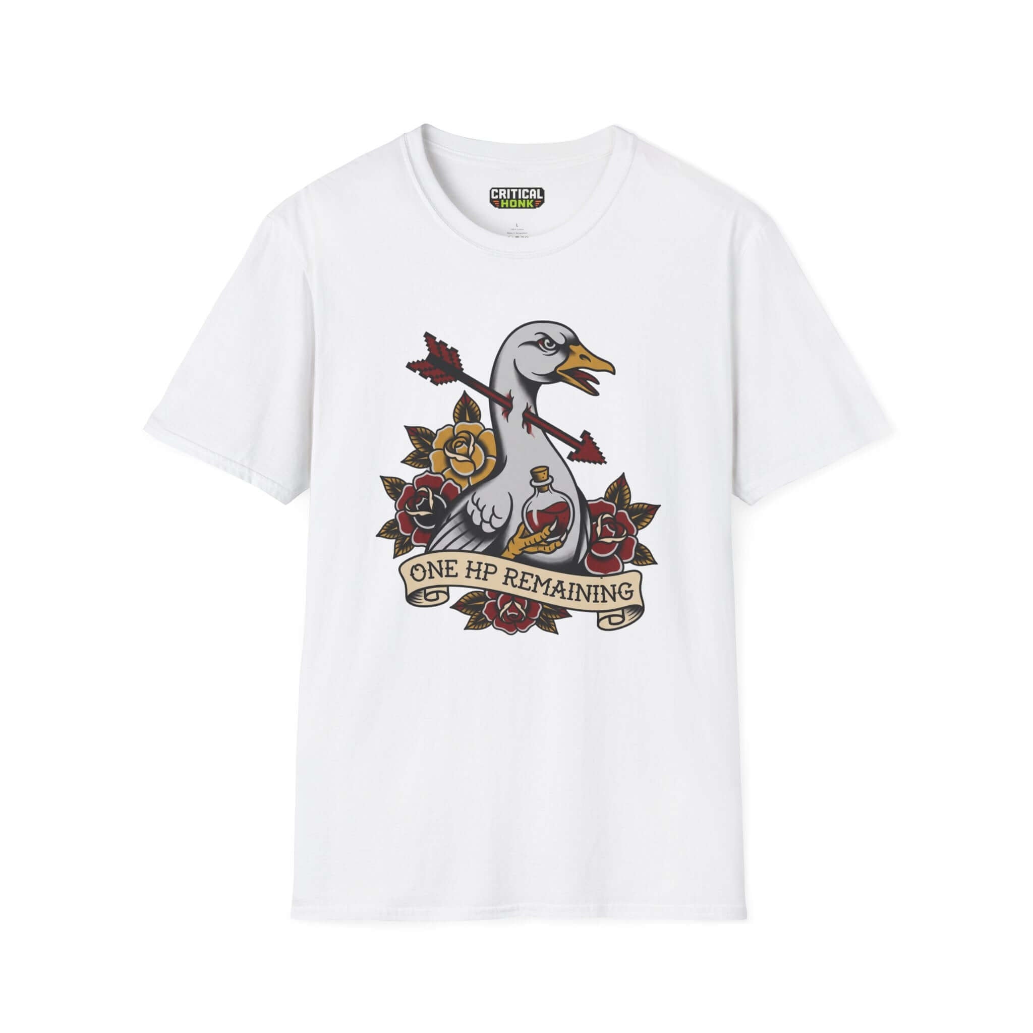 One-hp remaining T-Shirt featuring a duck design, 100% cotton, unisex fit in white, from the Critical Honk Collection.