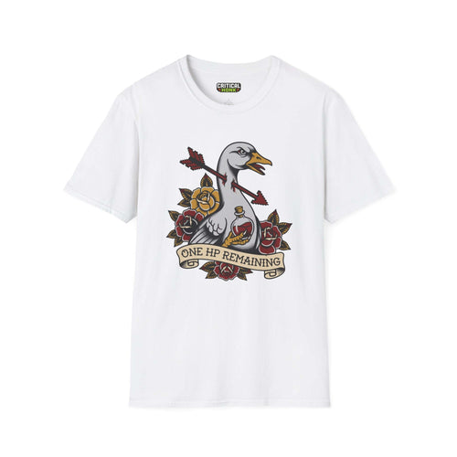 One-hp remaining T-Shirt featuring a duck design, 100% cotton, unisex fit in white, from the Critical Honk Collection.