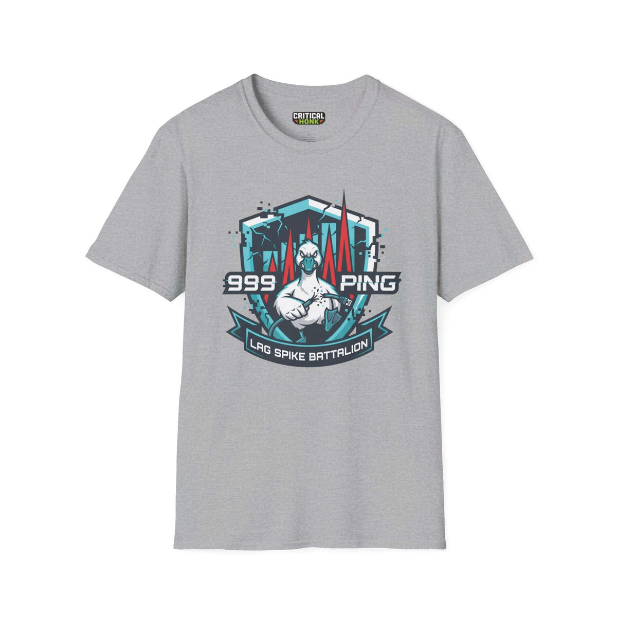 Lag spike T-Shirt in Sport Grey featuring a gaming-inspired design from the Critical Honk Collection.