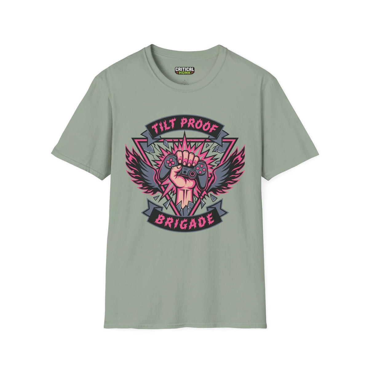 Proof brigade T-Shirt in sage color featuring a bold graphic design, made from soft ring-spun cotton.