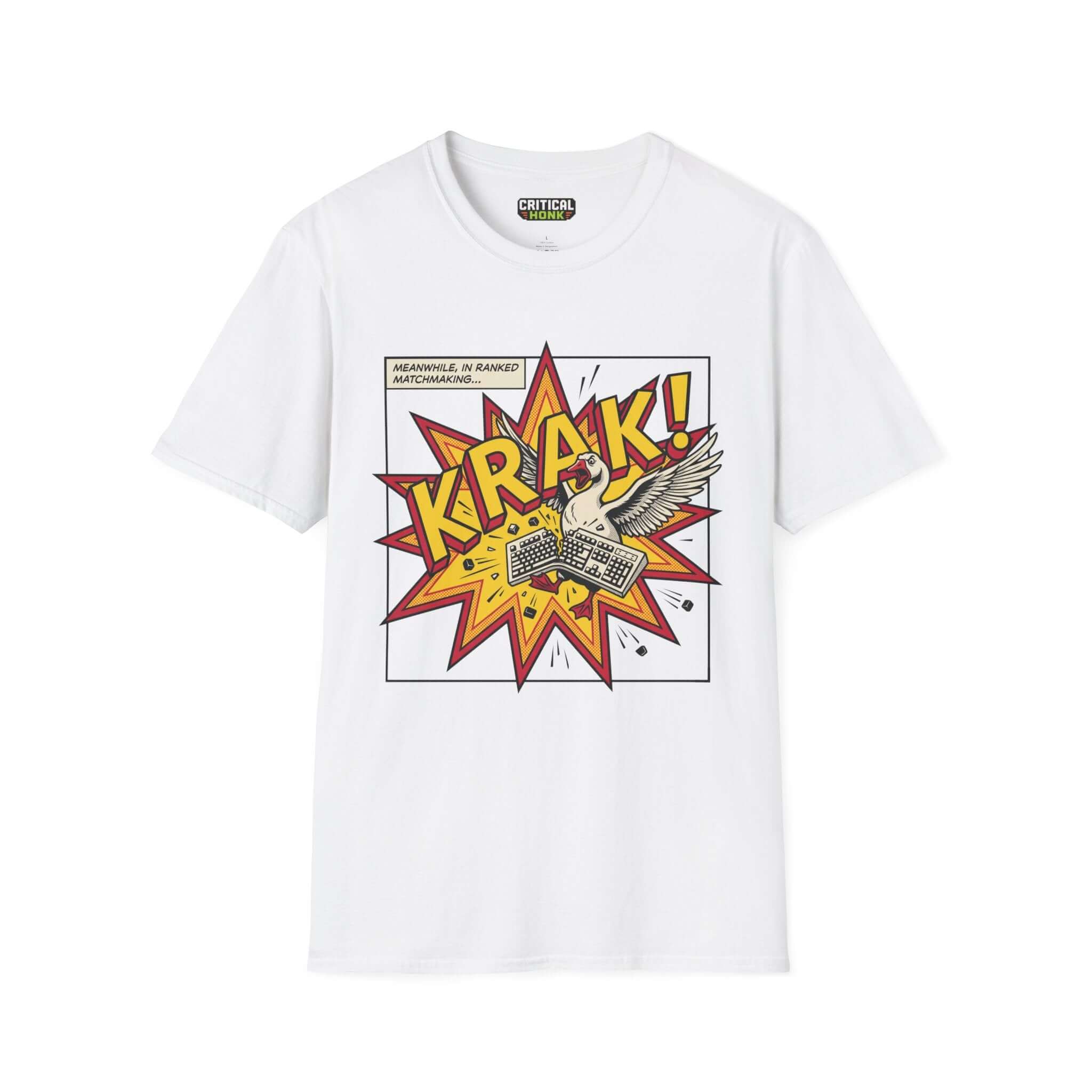 Krak T-Shirt featuring comic style design with a swan and keyboard on a white Gildan Softstyle fabric, part of Critical Honk collection.