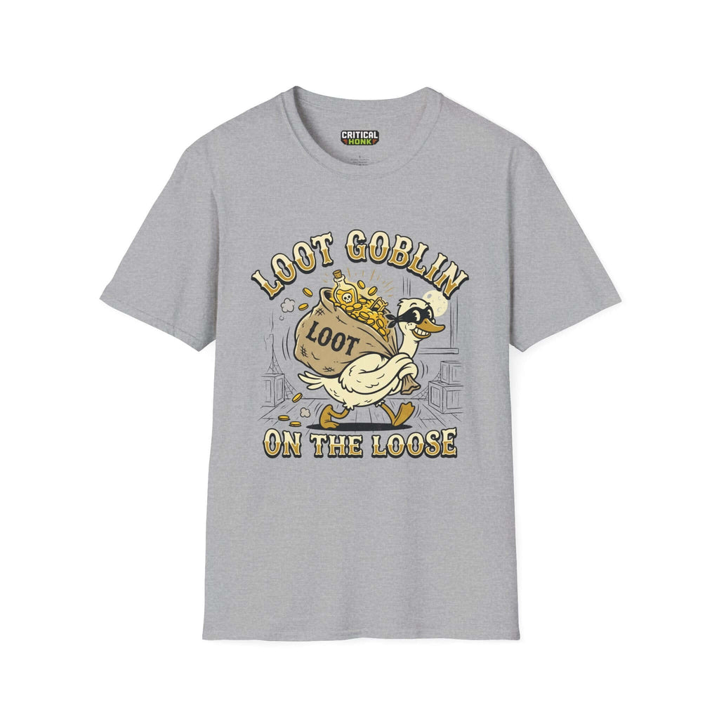 Loot Goblin T-Shirt in Sport Grey featuring a playful design of a goblin with loot on the loose.