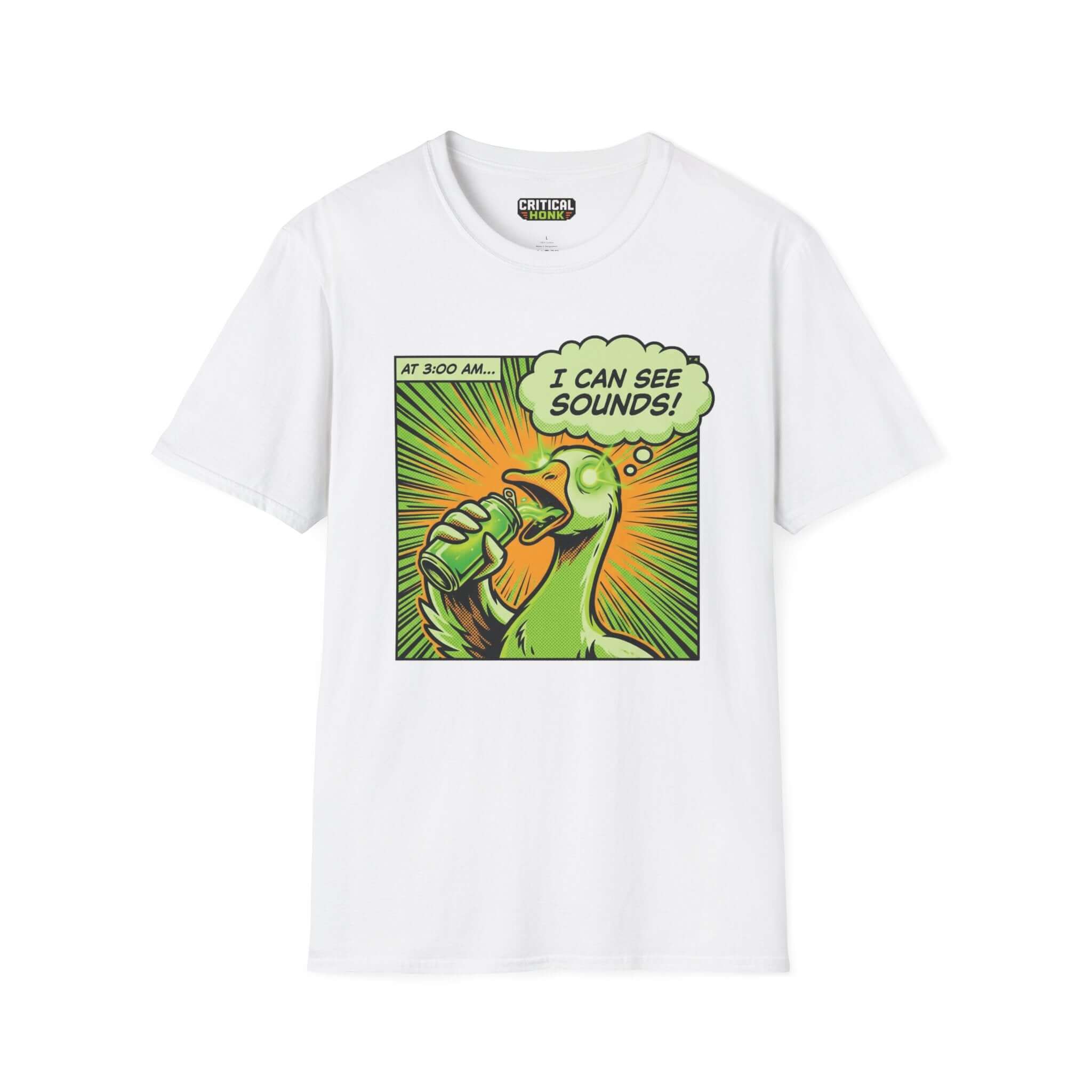 I can see sounds T-Shirt featuring a cartoon duck on a white Gildan Softstyle shirt from the Critical Honk Collection.
