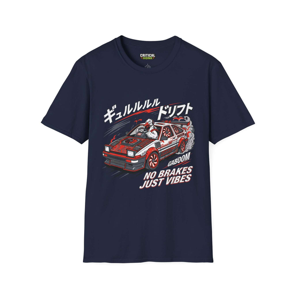 No brakes T-Shirt in navy featuring racing graphic and text, part of the Critical Honk Collection.