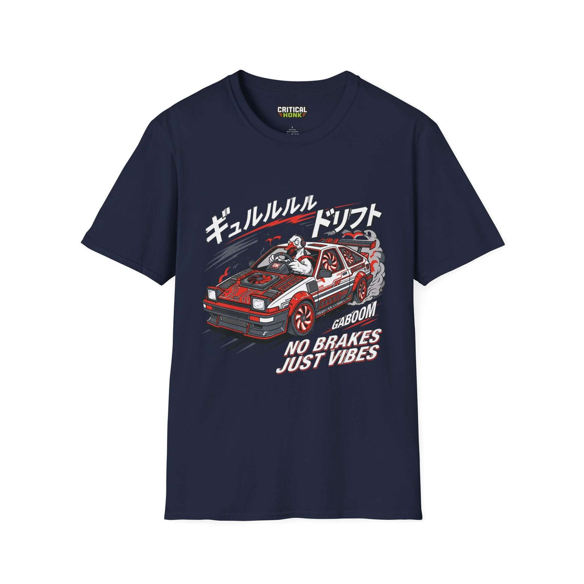 No brakes T-Shirt in navy featuring racing graphic and text, part of the Critical Honk Collection.