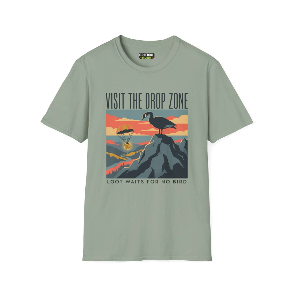 Visit the drop zone T-Shirt in sage color with a playful graphic design featuring a bird and parachute.