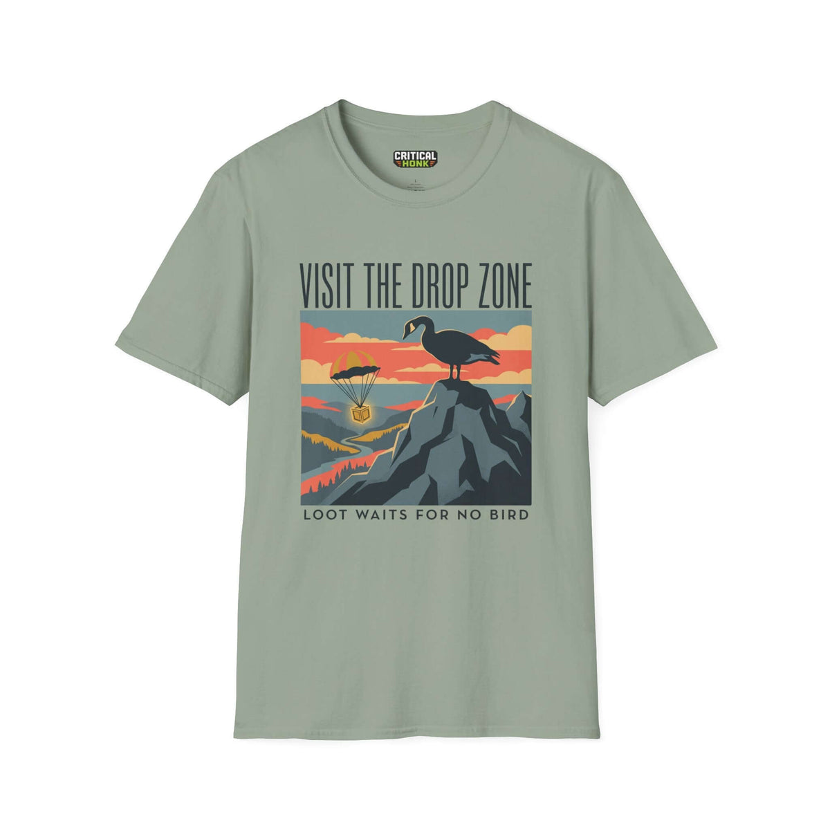 Visit the drop zone T-Shirt in sage color with a playful graphic design featuring a bird and parachute.