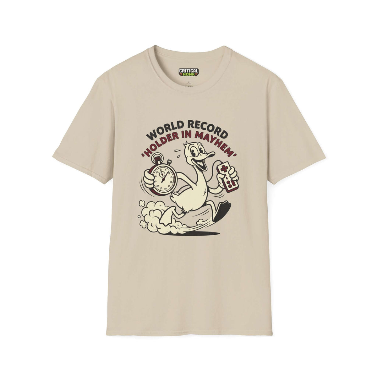 World record T-Shirt in sand color featuring a cartoon duck with a stopwatch and game controller.