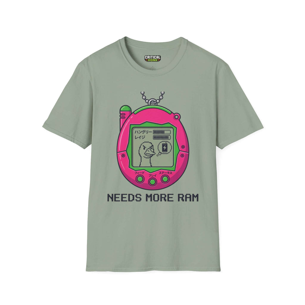 Need more ram T-Shirt in sage color featuring a retro-style graphic with 'NEEDS MORE RAM' text.