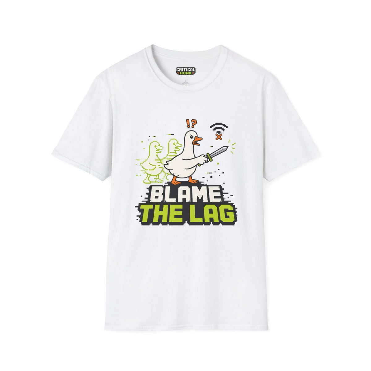 Blame the lag T-Shirt featuring a humorous design of a duck and a gaming motif on a white Gildan Softstyle shirt.
