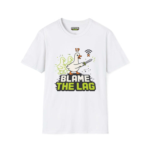Blame the lag T-Shirt featuring a humorous design of a duck and a gaming motif on a white Gildan Softstyle shirt.
