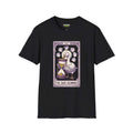 Save scummer T-Shirt on a black Gildan Softstyle® 64000 featuring a whimsical design with a swan and an hourglass.