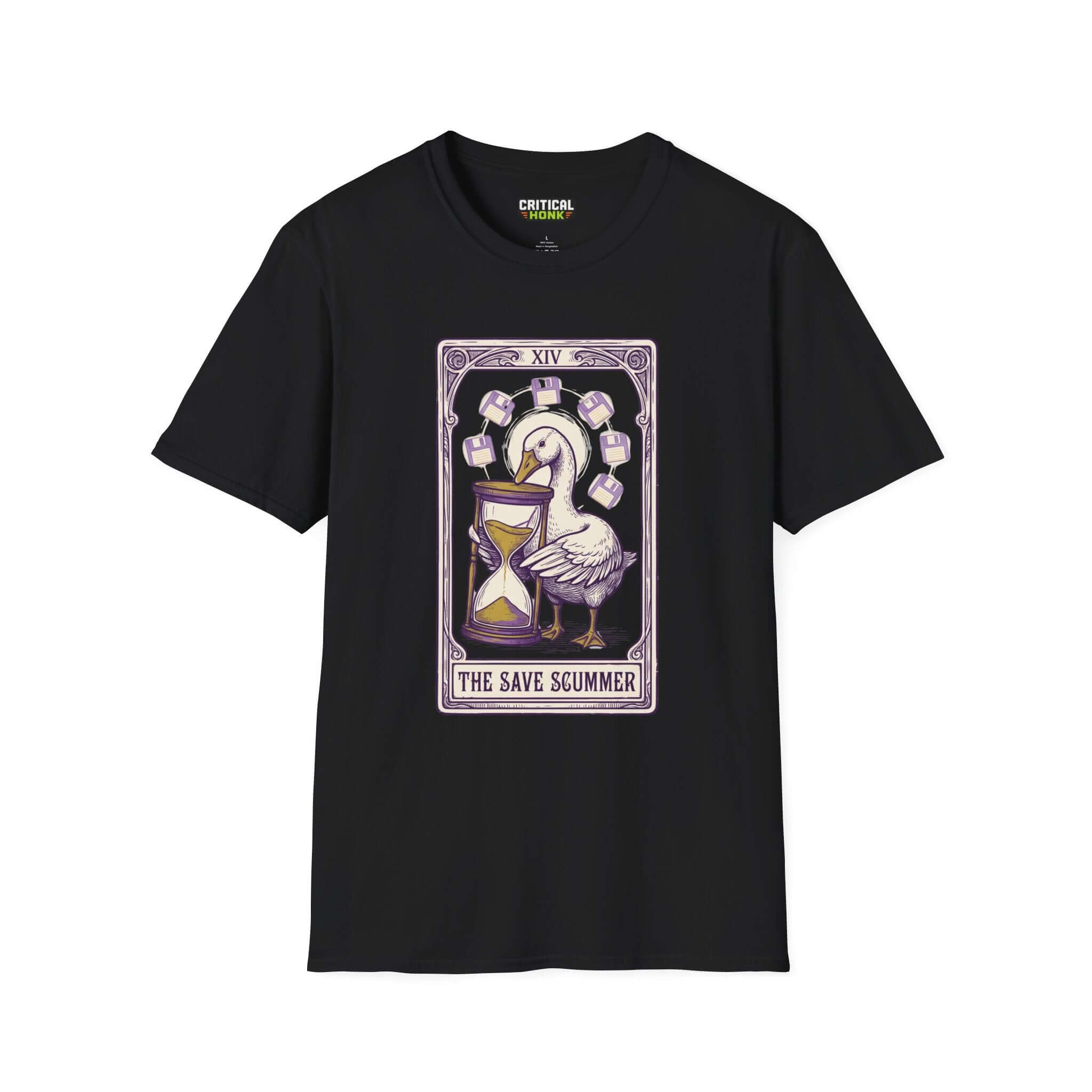 Save scummer T-Shirt on a black Gildan Softstyle® 64000 featuring a whimsical design with a swan and an hourglass.
