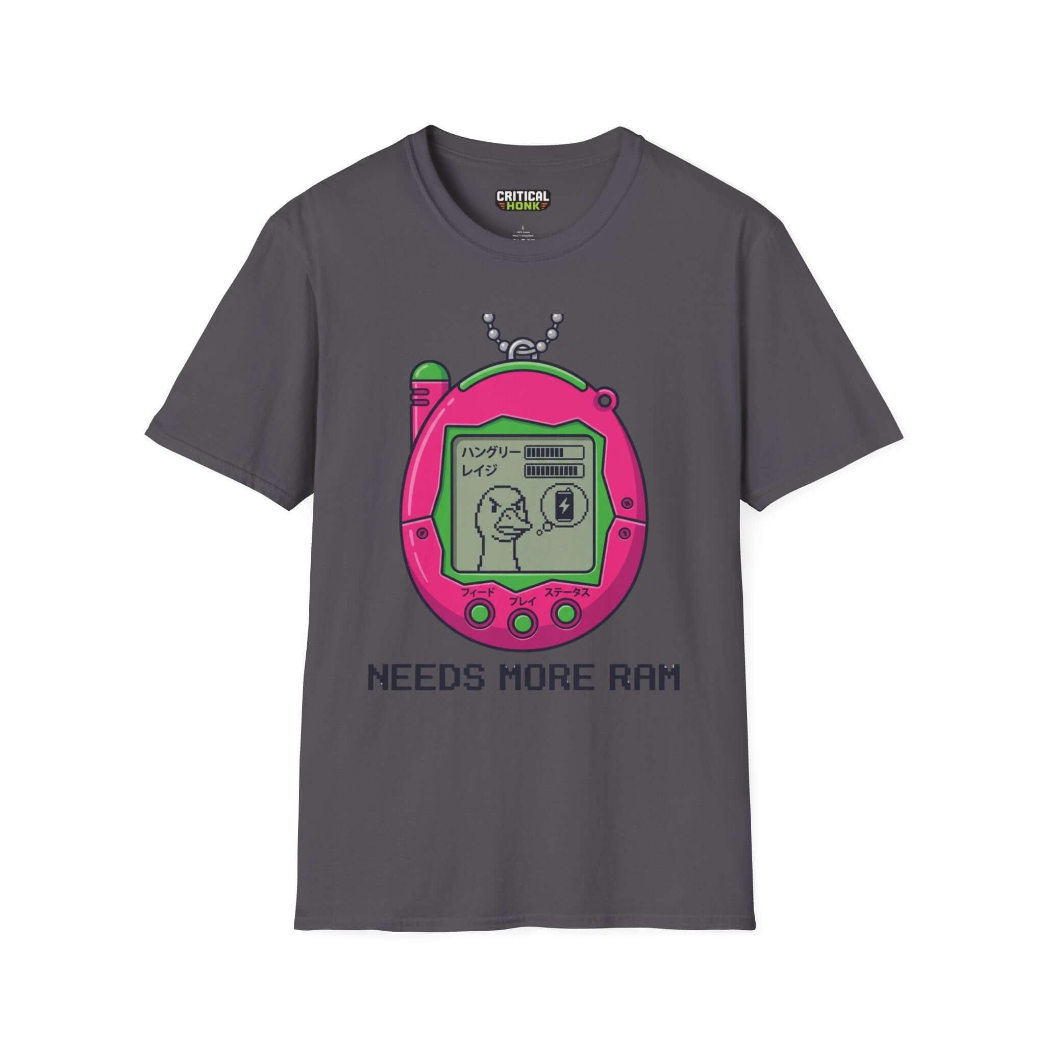 Need more ram T-Shirt in charcoal featuring a playful retro gaming design with pastel colors.