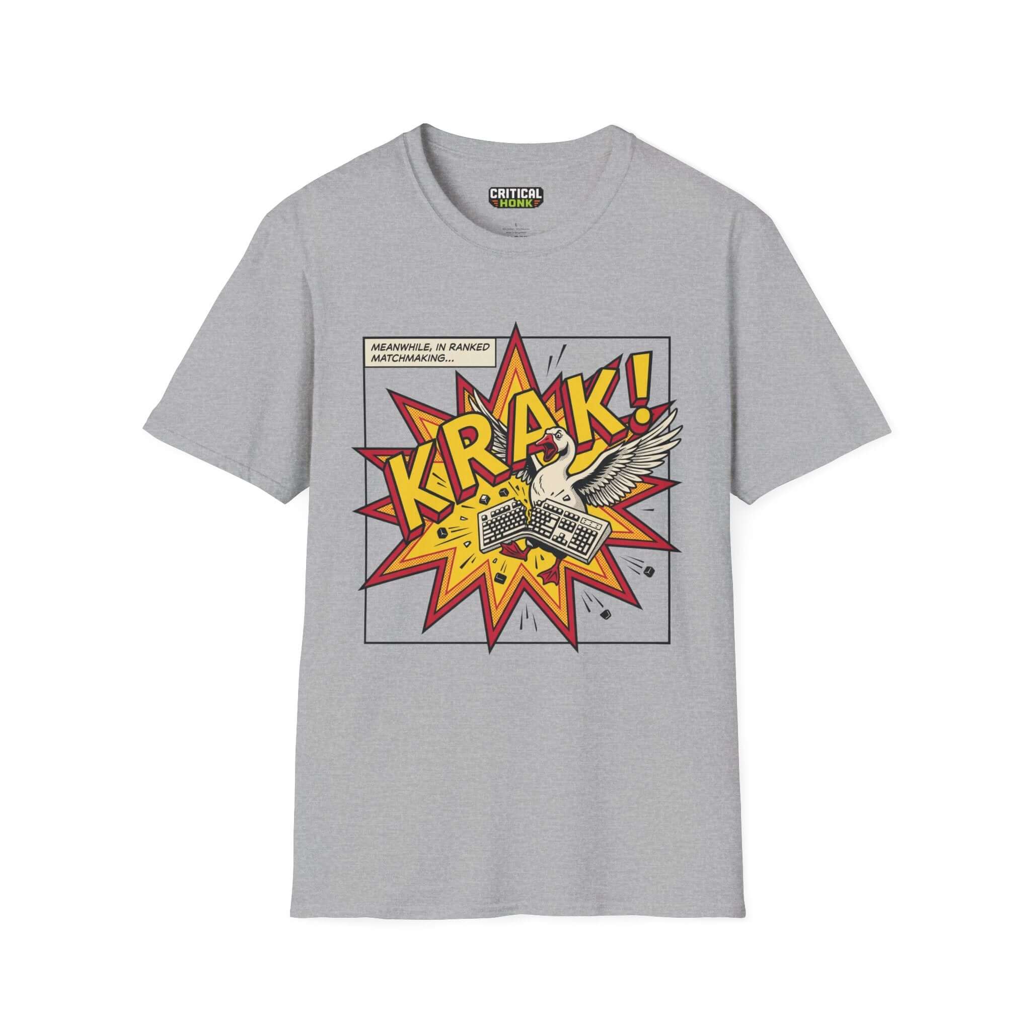 Krak T-Shirt featuring a comic-style design with a swan and keyboard on Sport Grey fabric.