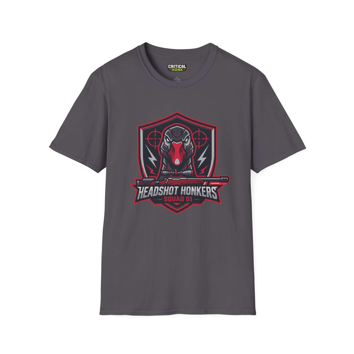 Headshot honkers T-Shirt in charcoal color featuring a graphic design with Squad 01 logo, unisex fit, soft fabric.
