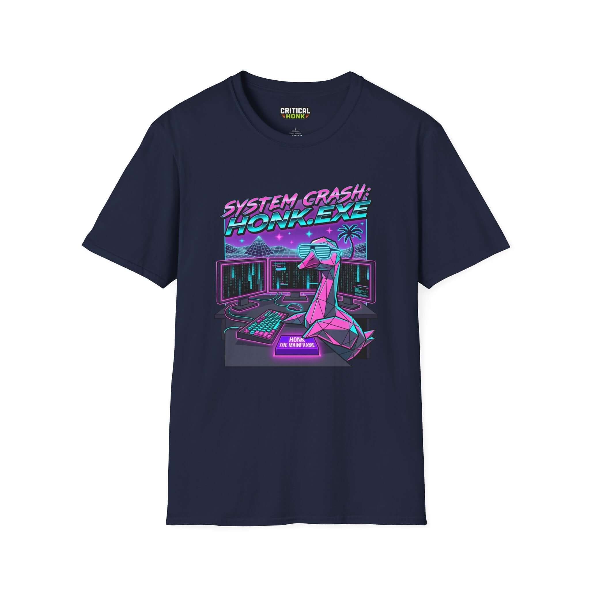 System crash honk exe T-Shirt in navy color featuring a playful graphic design with computer elements and a stylish honk character.