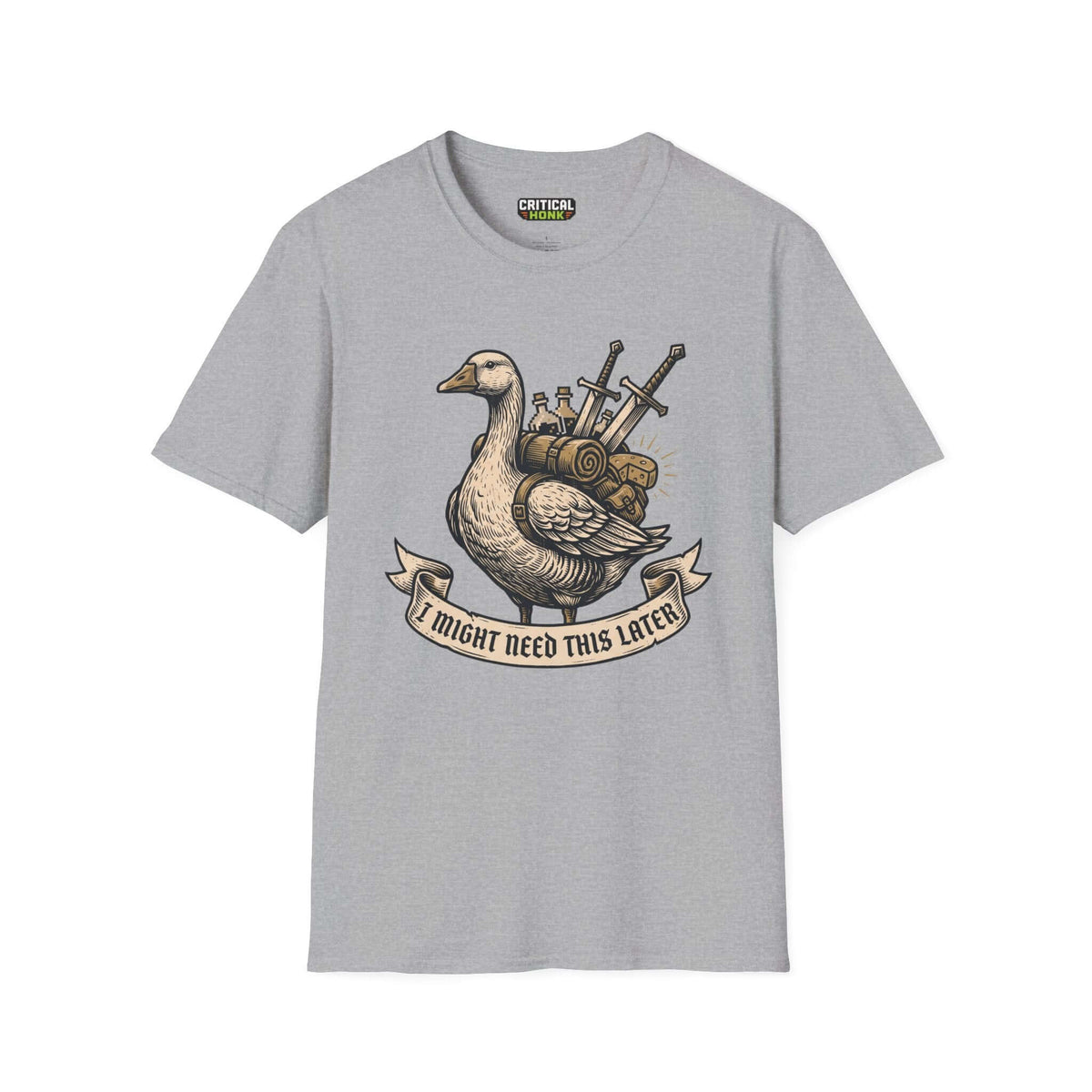 I might need this later T-Shirt featuring a duck design on sport grey fabric, part of the Chaos Inspired Apparel collection.