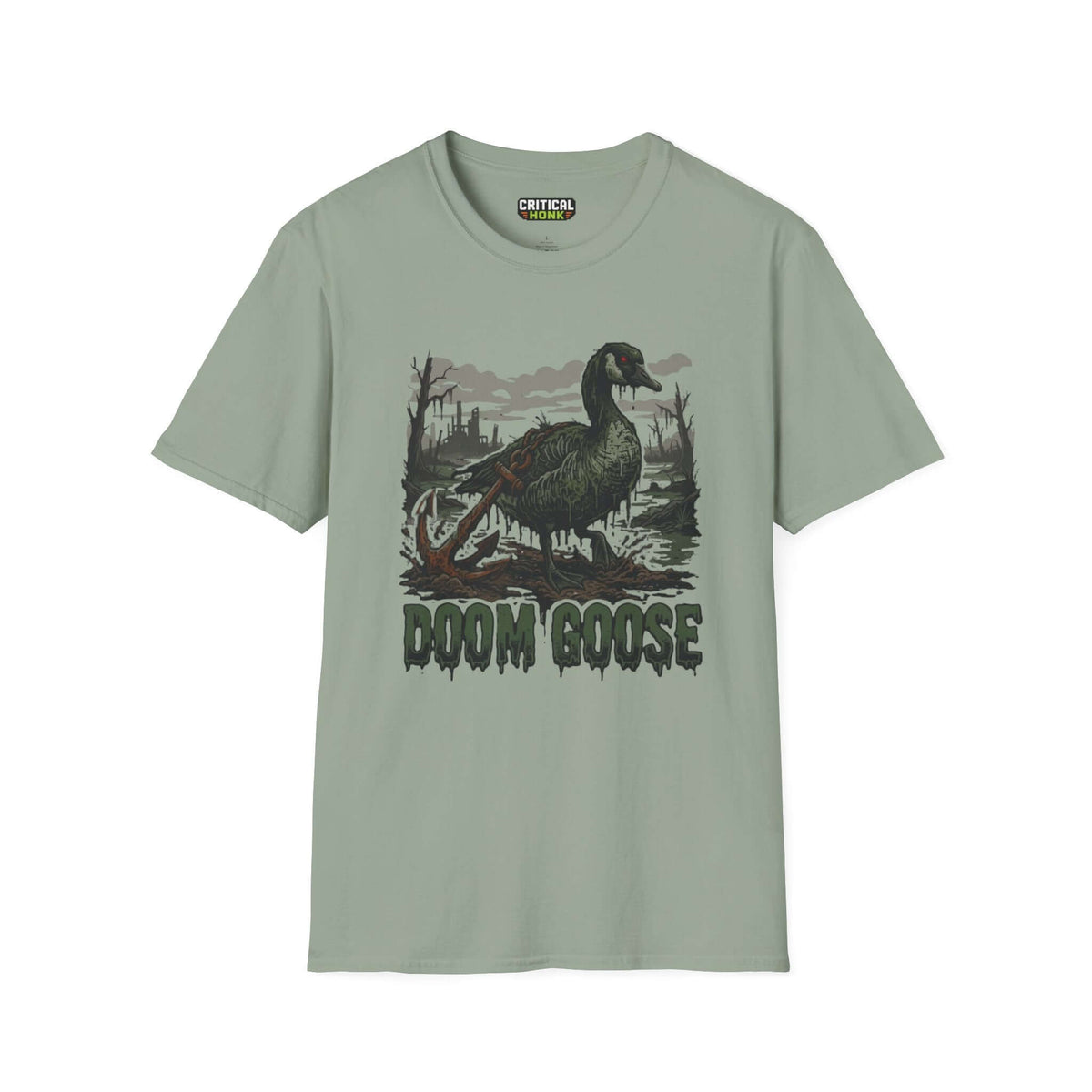 Doom goose T-Shirt in sage color featuring a graphic design of a goose, part of the Critical Honk collection.