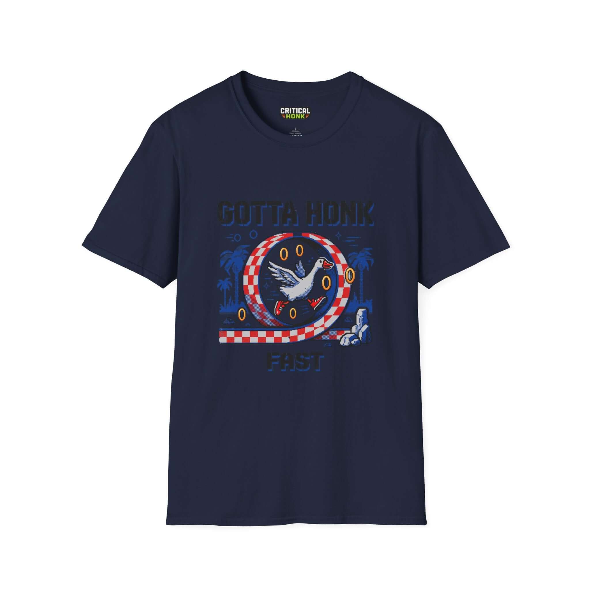 Gotta-honk-fast-retro T-Shirt in navy featuring a whimsical graphic design with a bird and rings.