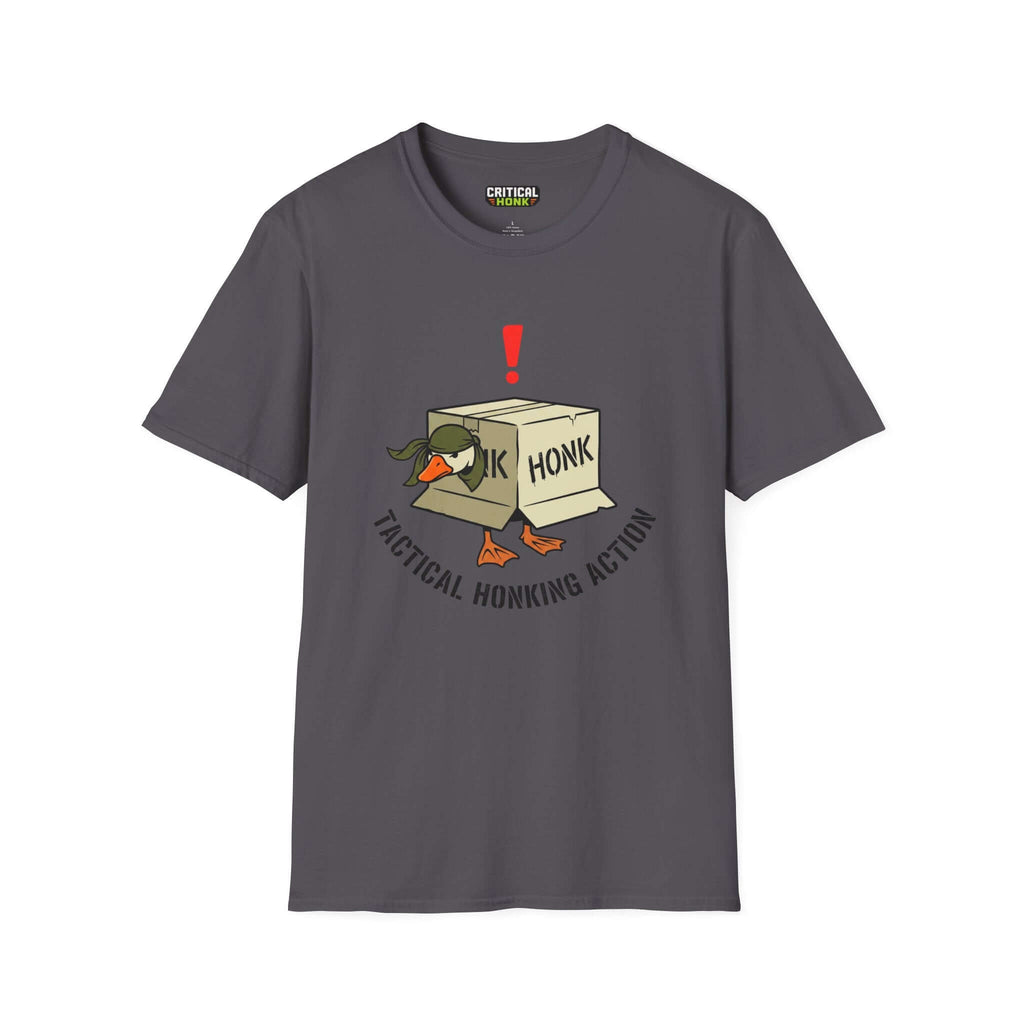 tactical honking action T-Shirt featuring a playful cartoon duck in a charcoal color, designed for unisex fit and comfort.