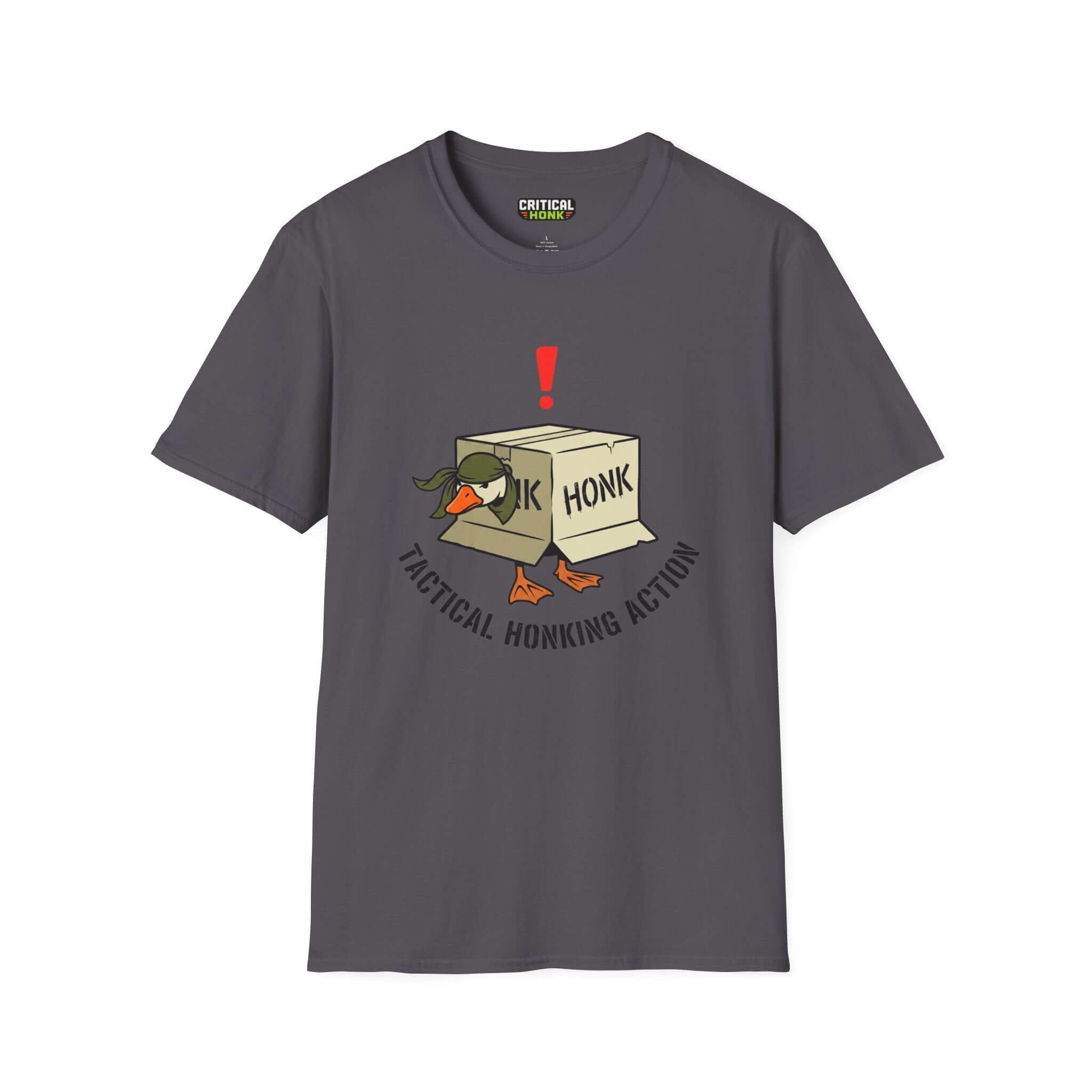 tactical honking action T-Shirt featuring a playful cartoon duck in a charcoal color, designed for unisex fit and comfort.