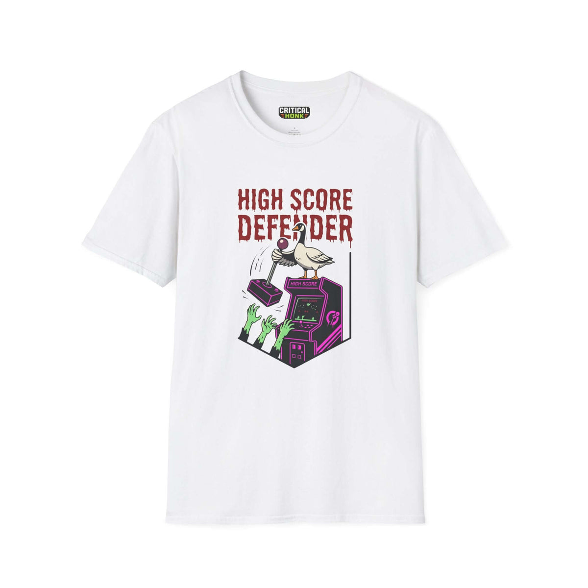 High score T-Shirt featuring a graphic with a pigeon and arcade machine on white fabric, part of the Critical Honk collection.