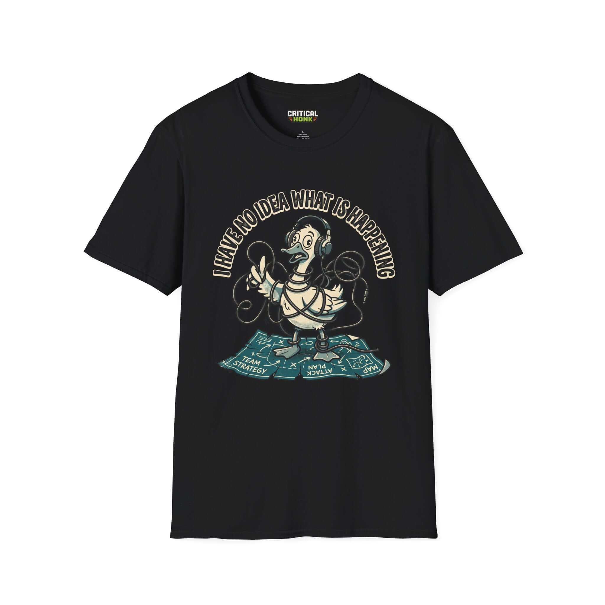 No idea what is happening T-Shirt in black, featuring a humorous duck design, part of the Critical Honk Collection.