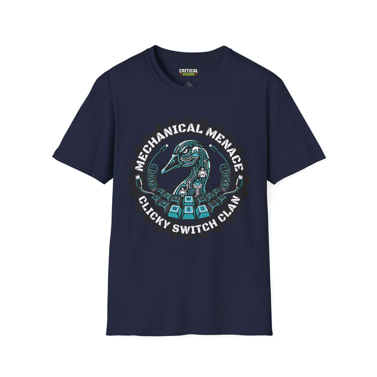 Mechanical menace T-Shirt featuring a navy color and unique graphic design from the Critical Honk Collection.