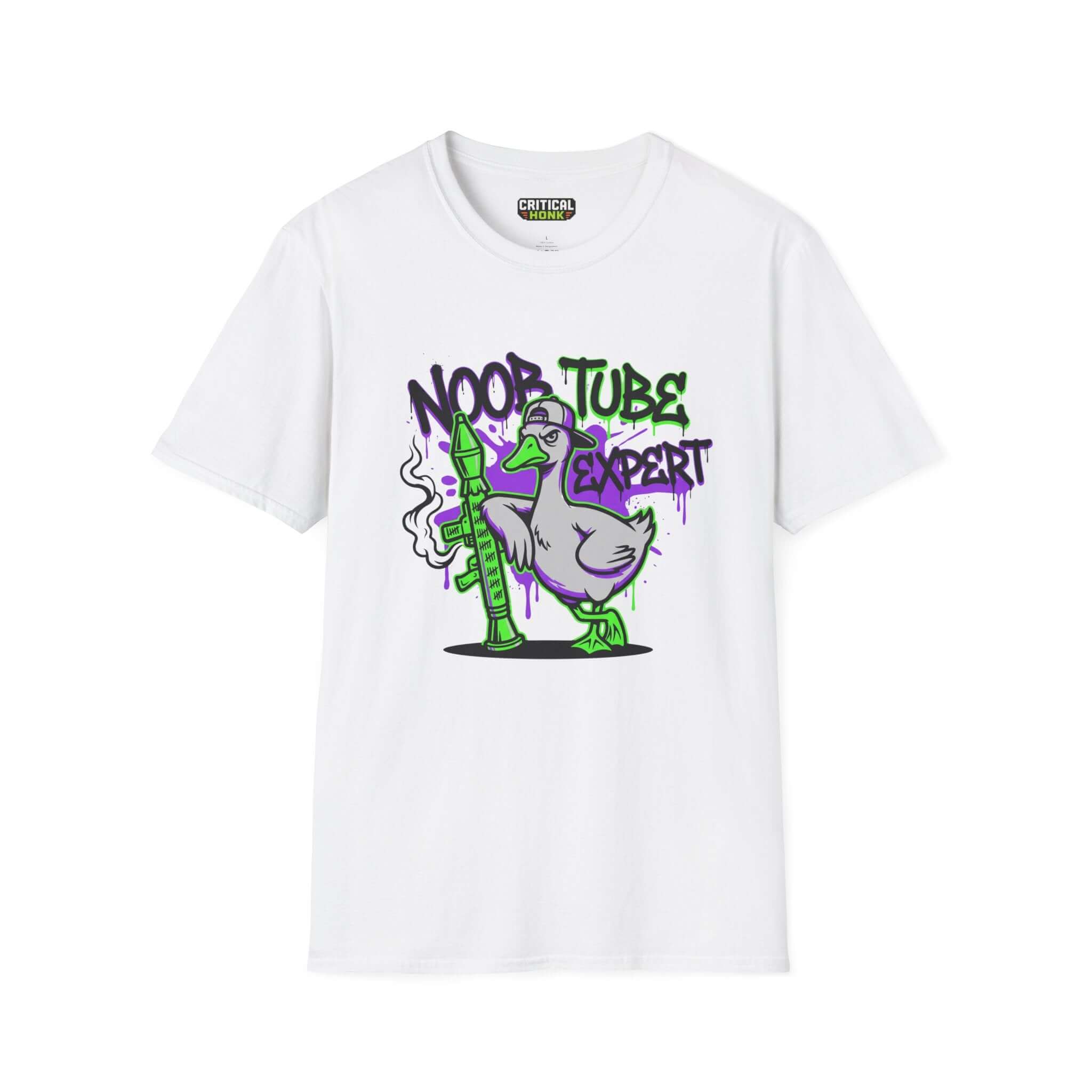 Noob tube T-Shirt featuring a duck holding a noob tube design, in white, perfect for gamers and casual wear.