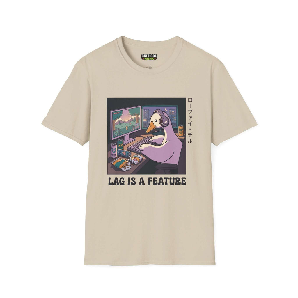 Lag is a feature T-Shirt in sand color, featuring a gaming goose design and made from soft 100% ring-spun cotton.