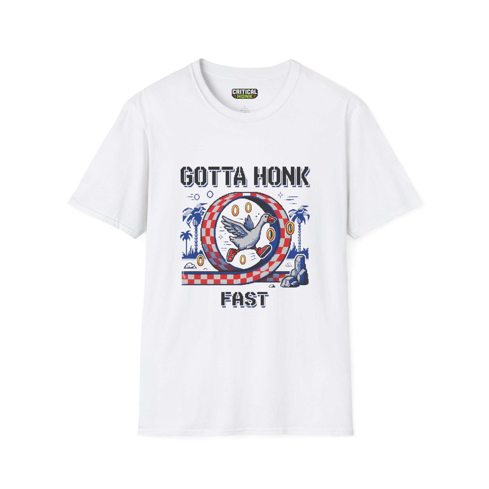 Gotta-honk-fast-retro T-Shirt in white featuring a graphic of a bird and a racing motif, made from 100% cotton.