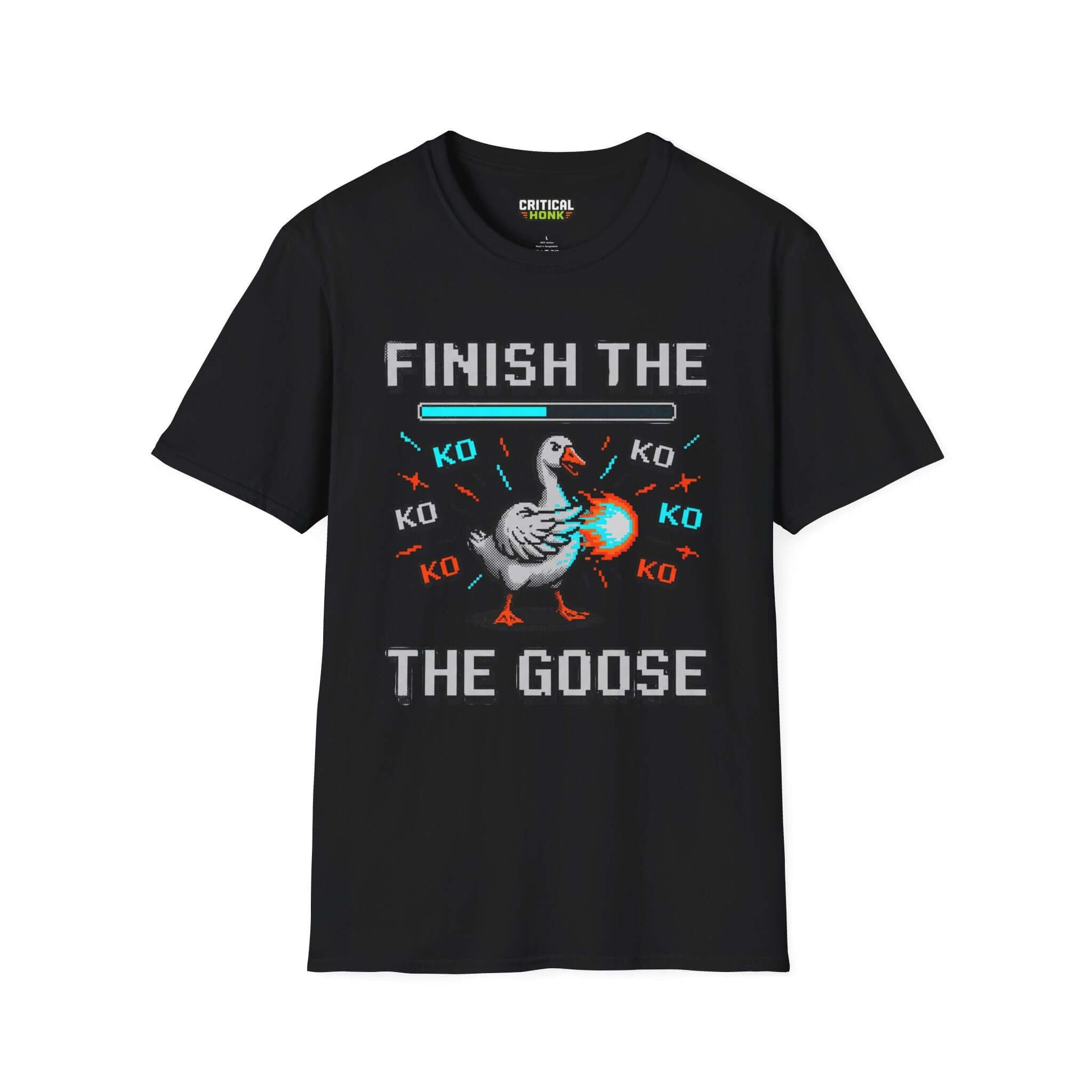 Finish-the-goose T-Shirt in black featuring a graphic of a goose with a gaming theme and colorful text.