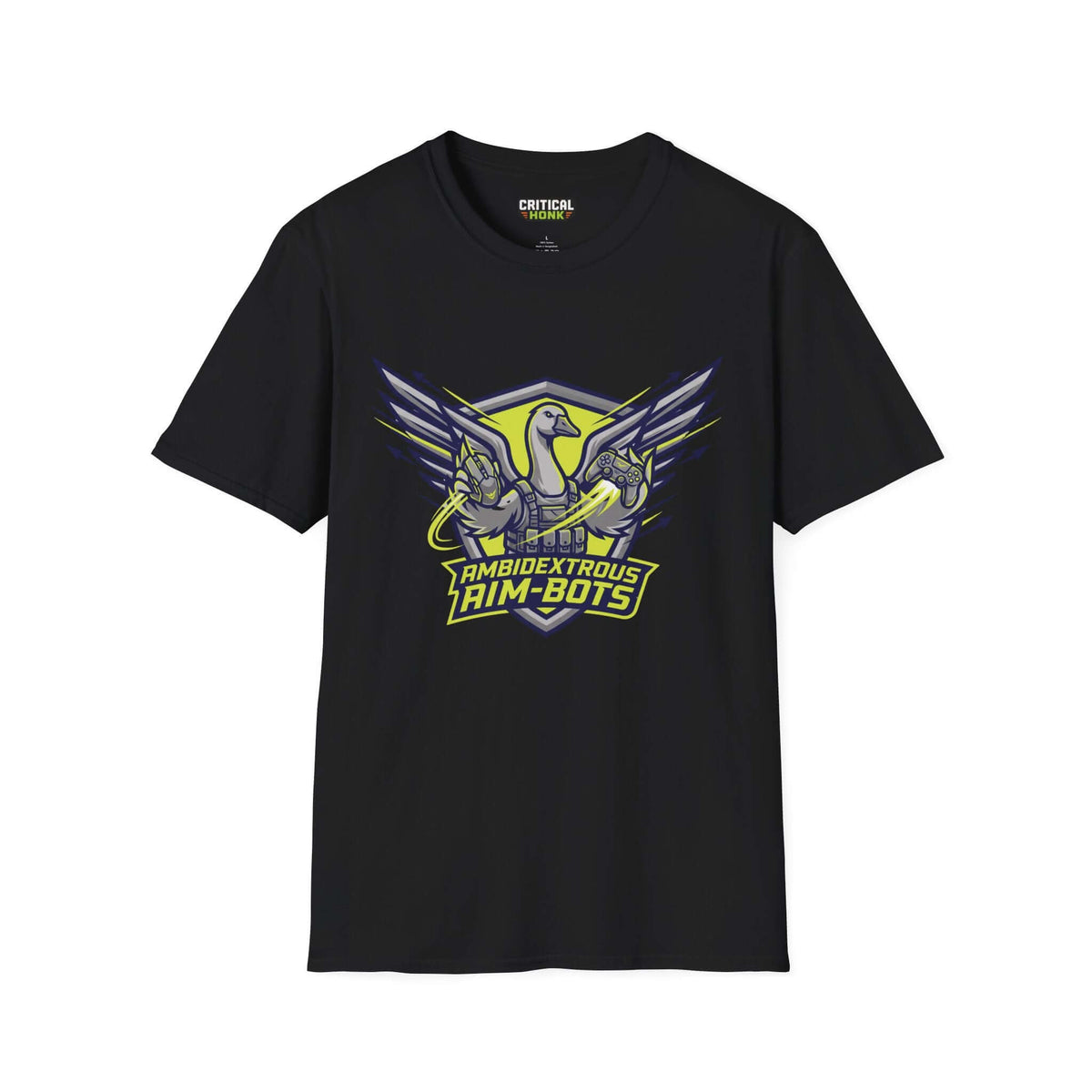 Ambidextrous goose T-Shirt in black with graphic design featuring a goose and gaming controllers