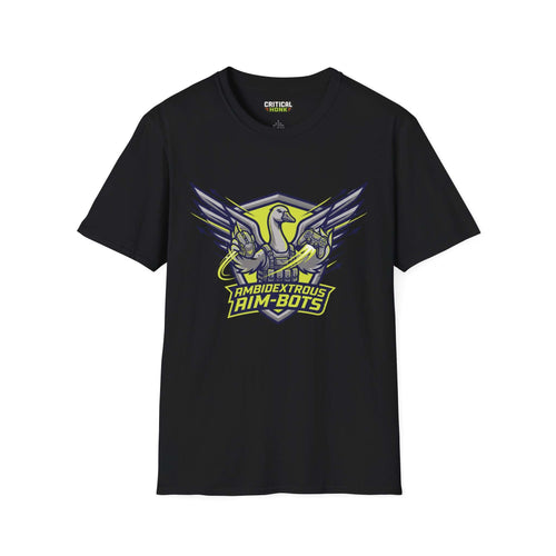 Ambidextrous goose T-Shirt in black with graphic design featuring a goose and gaming controllers