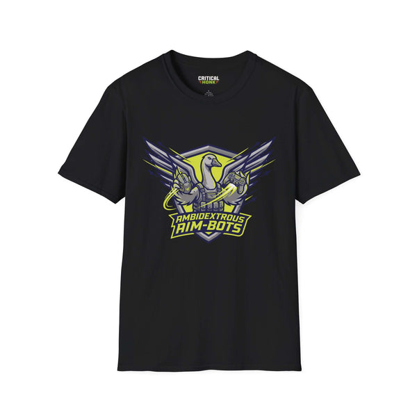 Ambidextrous goose T-Shirt in black with graphic design featuring a goose and gaming controllers