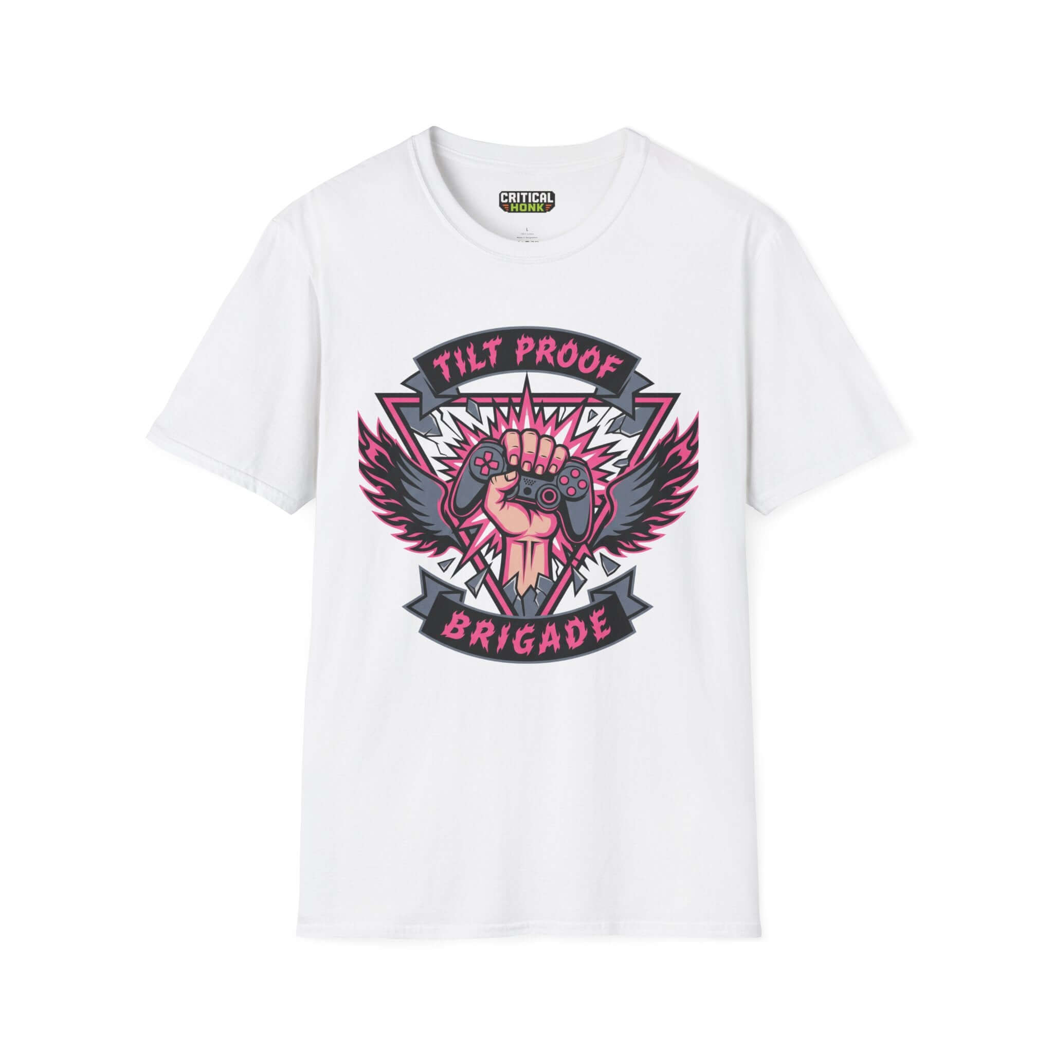 Proof brigade T-Shirt in white featuring a bold graphic design with gaming elements and wings.