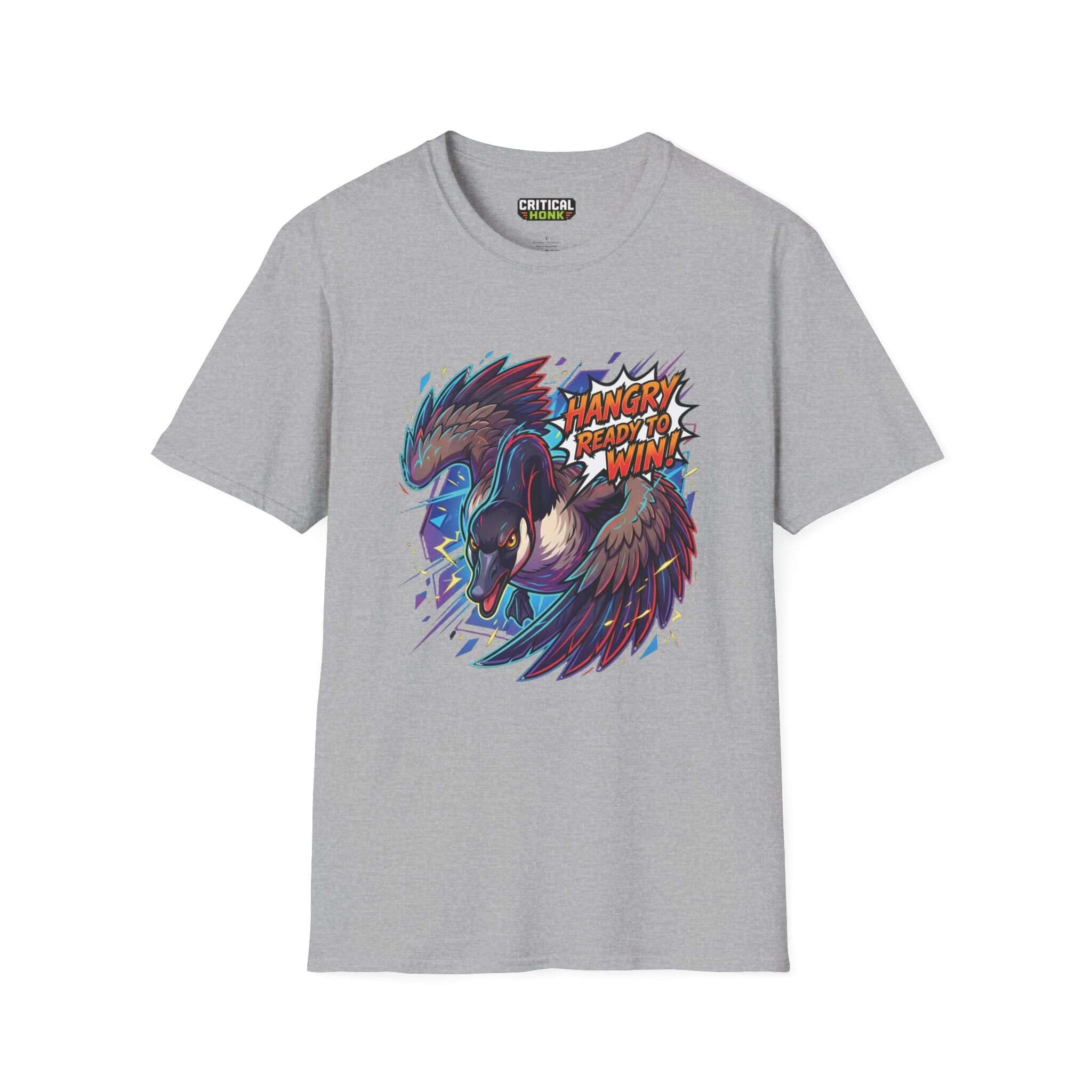 Hangry to win T-Shirt in Sport Grey, unisex fit with graphic design, softstyle cotton fabric.