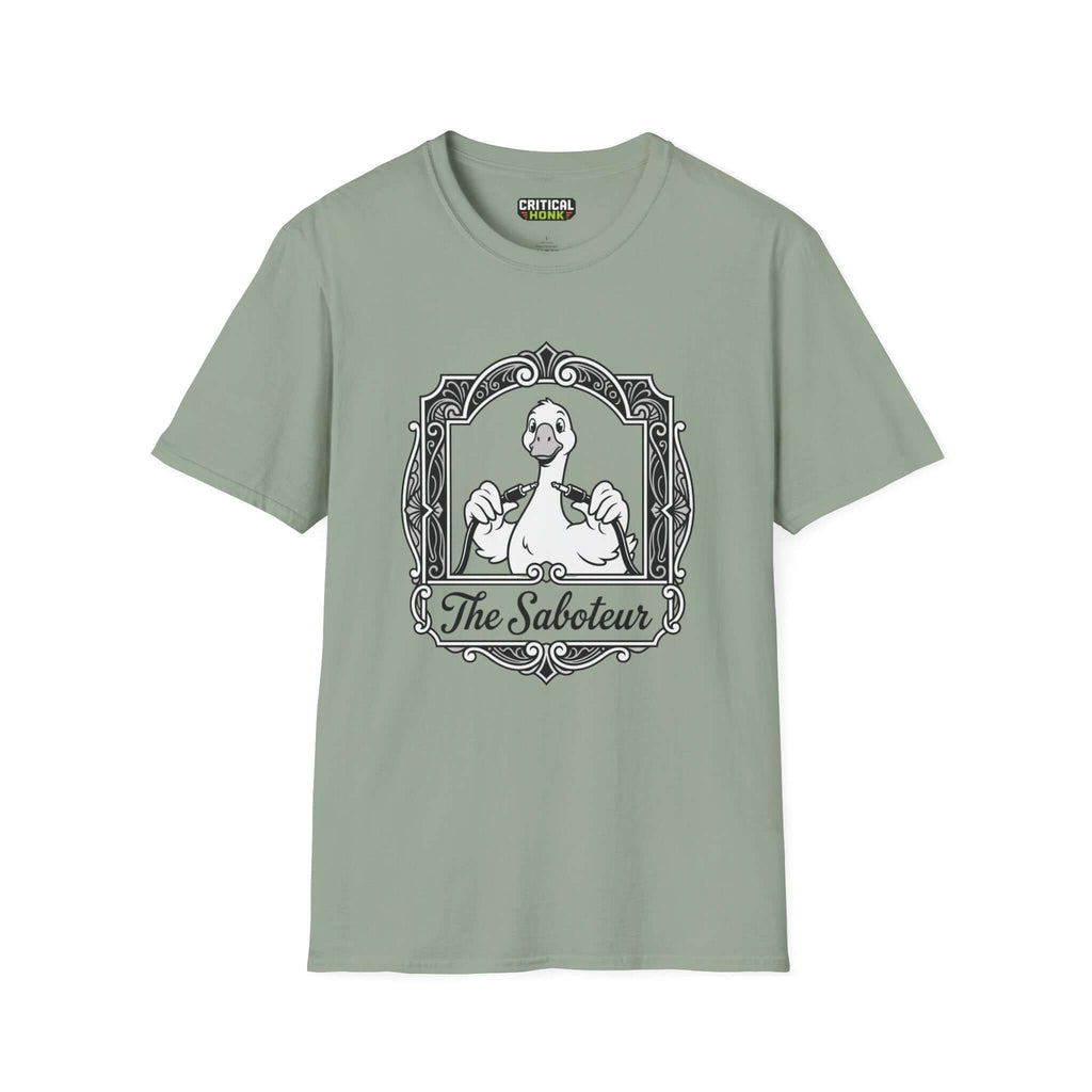 The saboteur T-Shirt in sage color featuring a unique design from Critical Honk Collection.