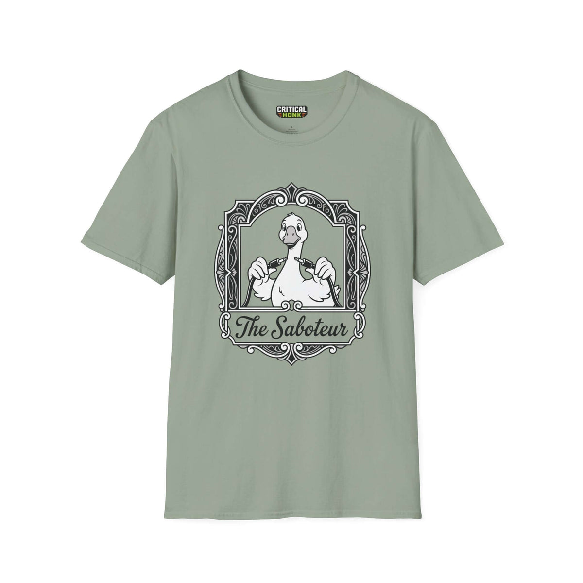 The saboteur T-Shirt in sage color featuring a unique design from Critical Honk Collection.