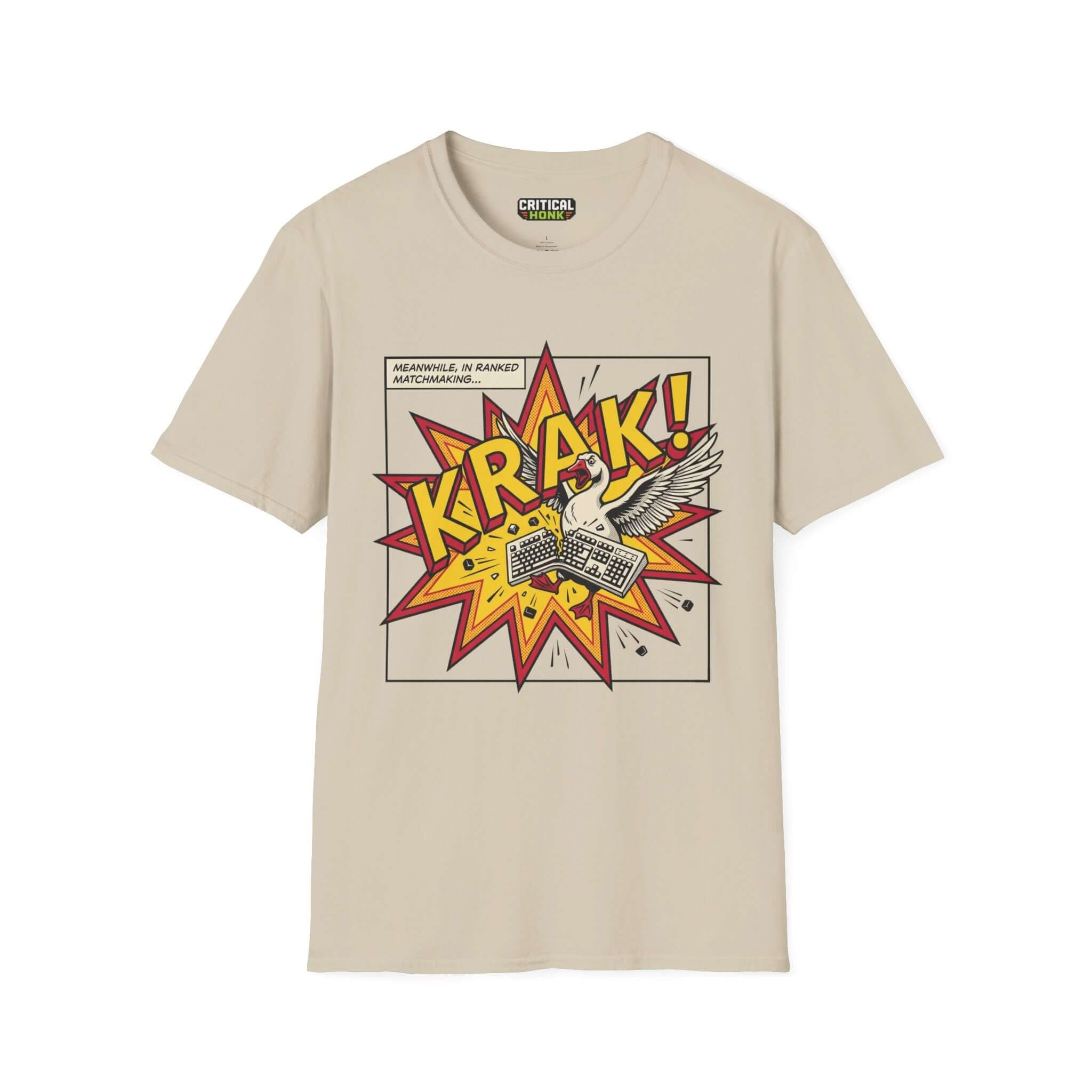Krak T-Shirt in Sand color featuring a bold pop art design with a swan and keyboard explosion.