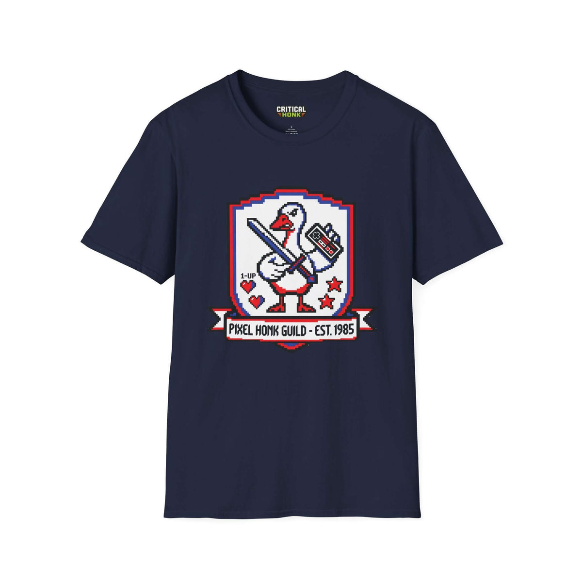 Pixel guild T-Shirt in navy featuring a pixel art design of a duck with a sword and game controller.