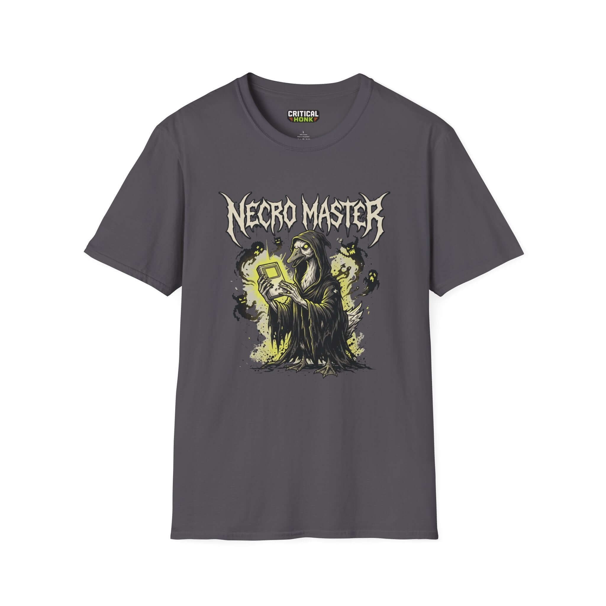 Necro master T-Shirt in charcoal featuring a vibrant graphic design by Critical Honk. Perfect unisex fit for gamers!