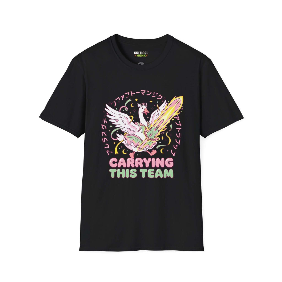 Carriying the team T-Shirt in black featuring a whimsical design with a swan and sword, perfect for casual wear.
