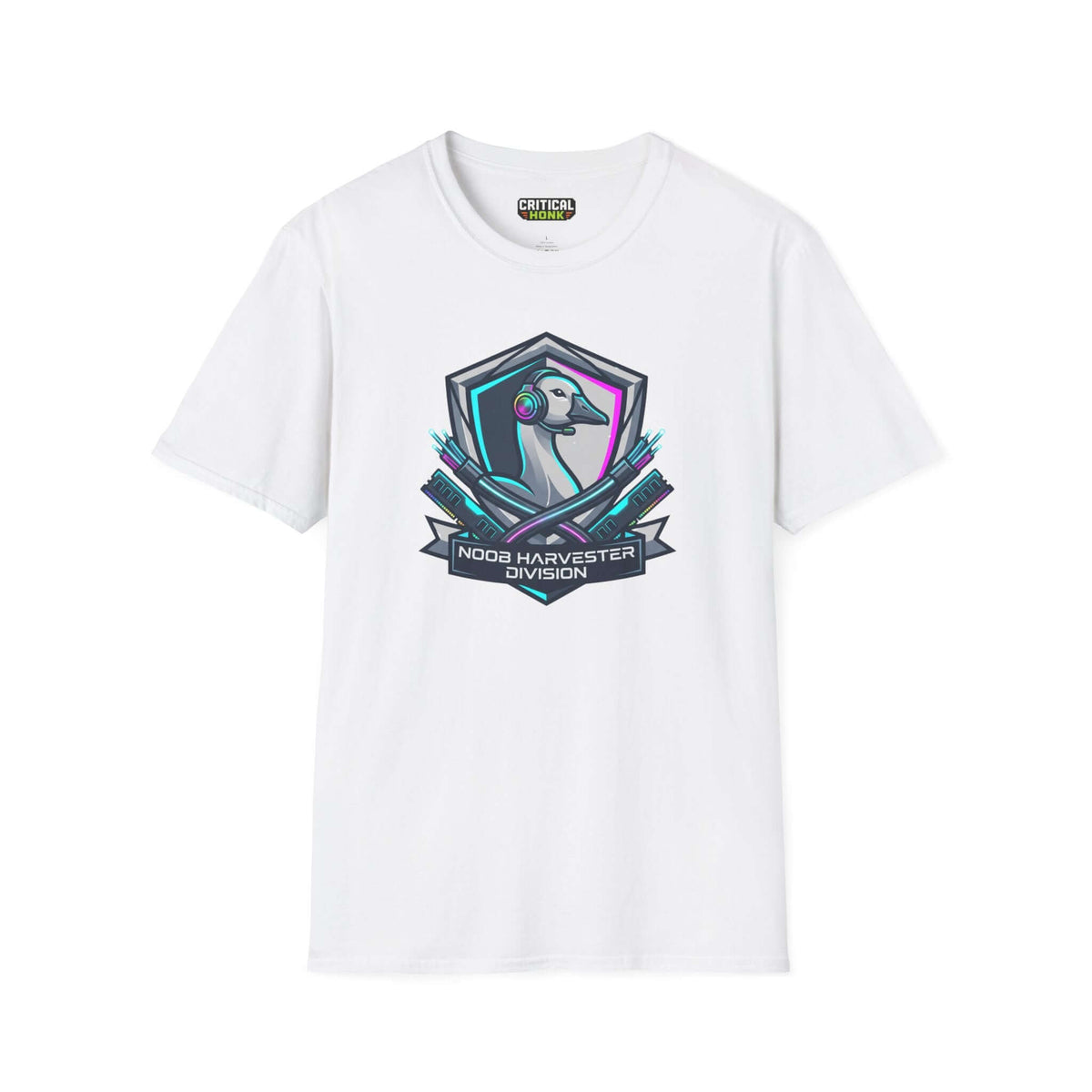 Noob harvester T-Shirt in white featuring a unique graphic design with the phrase NOOB HARVESTER DIVISION.