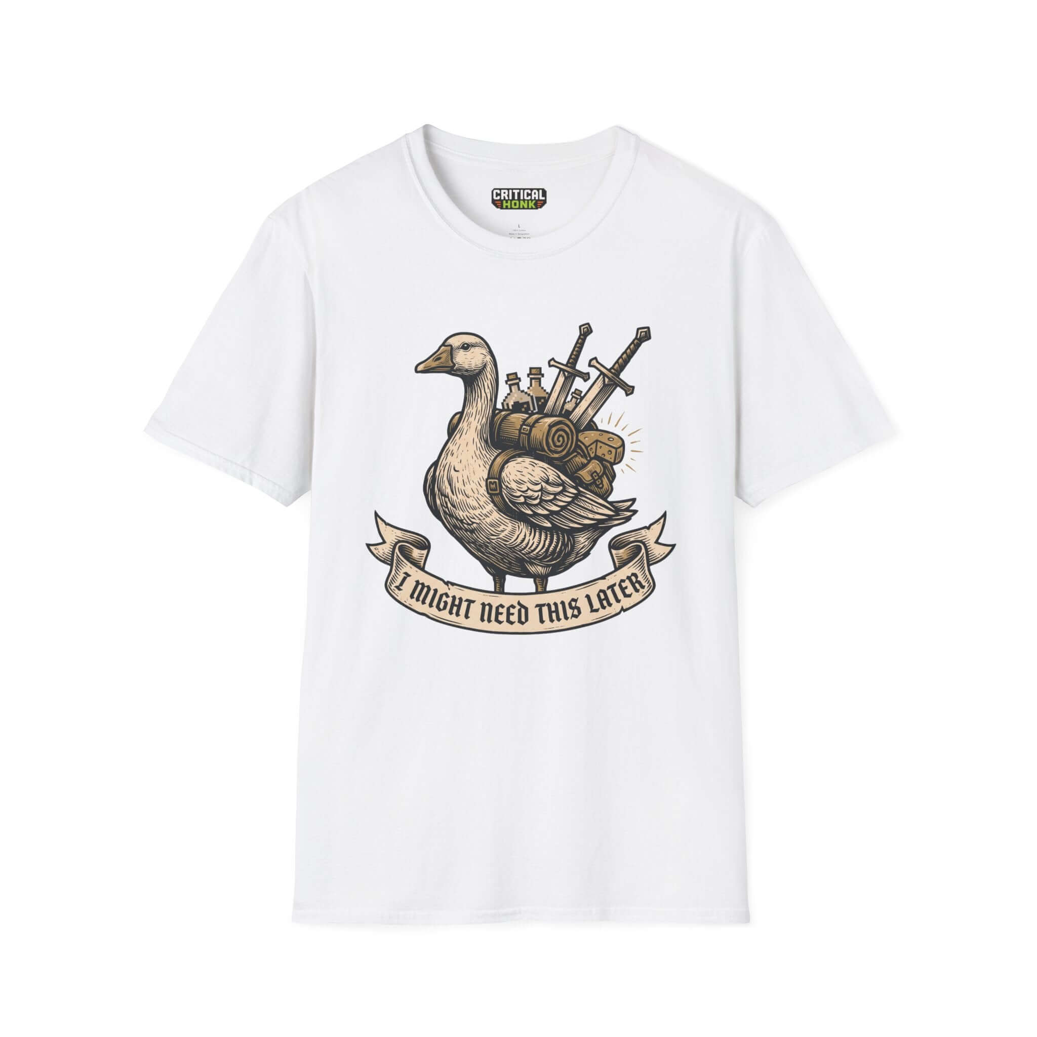 I might need this later T-Shirt featuring a duck with supplies, white, unisex fit, softstyle cotton, Critical Honk Collection.